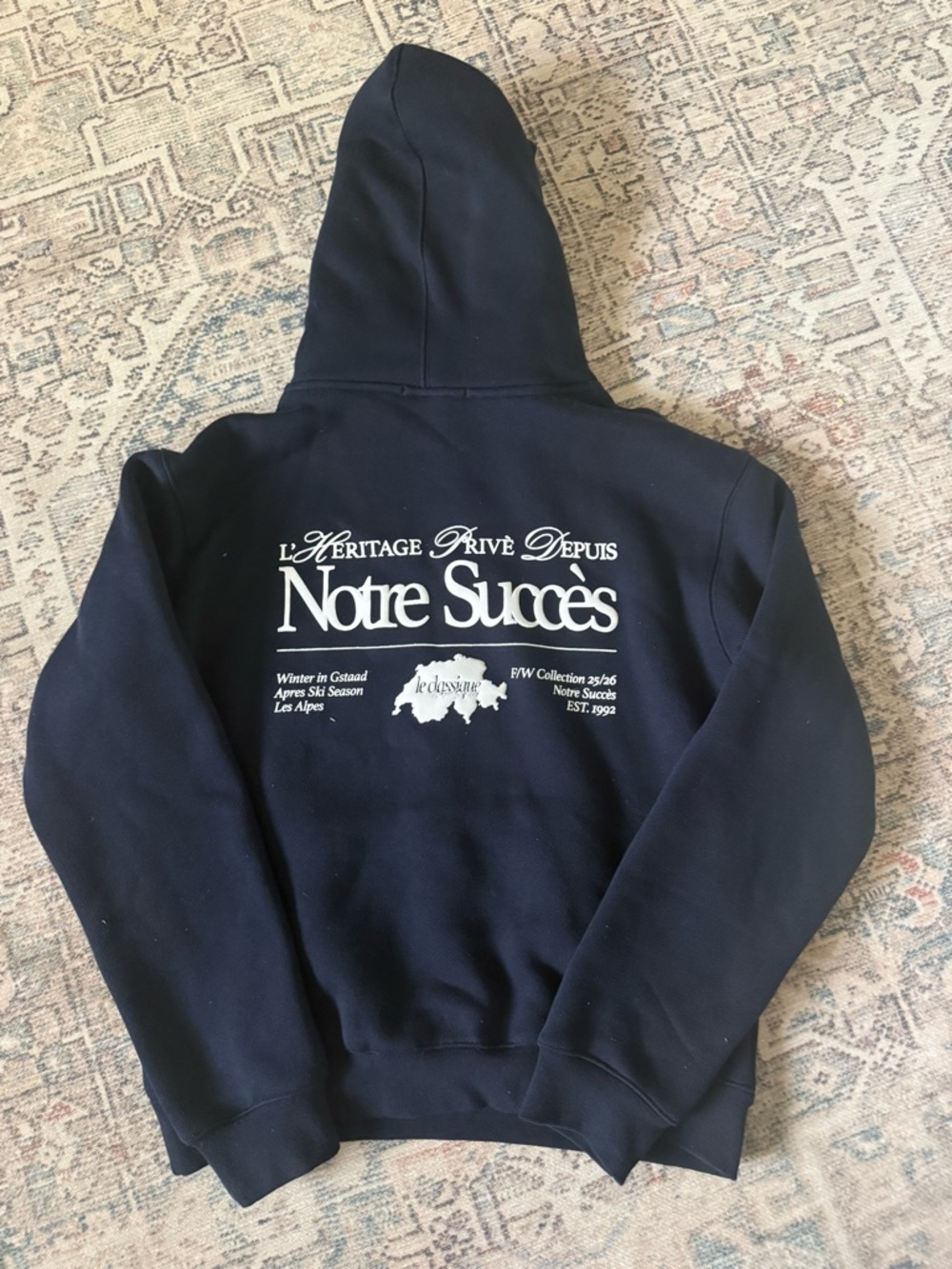 Classic Navy Men's Pullover Hoodie with Subtle Chest Script - Picture 3 of 3